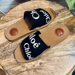 Chloé Woody Black Logo Canvas Slides Sandals Size 38